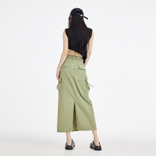 Real shot of Tencel cotton thin workwear drawstring skirt new slit casual mid-length skirt for women