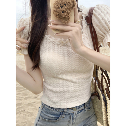 Real shot of pure lust style lace splicing square neck puff sleeve short-sleeved T-shirt women's design short spring top