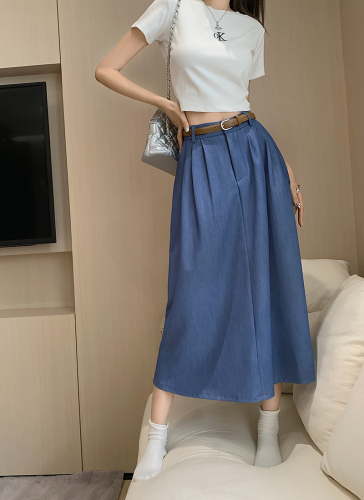 Actual shot of retro drapey milk Tencel denim skirt for women, high-waisted loose pleated long skirt! Free belt