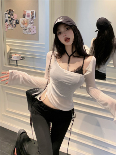 Real shot Pure Desire T-shirt suspender suit slightly see-through sexy sun protection blouse top