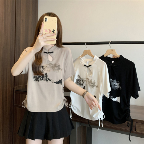 Real shot of chic Hong Kong style retro new Chinese chic sweet and spicy short top design niche short-sleeved T-shirt for women summer