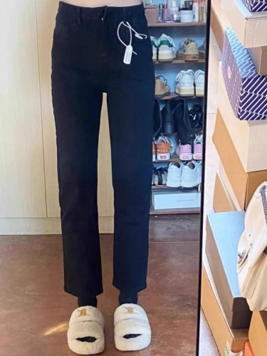 Black straight thin jeans for women 2024 spring and summer high waist elastic slimming large size petite nine-point cigarette pants