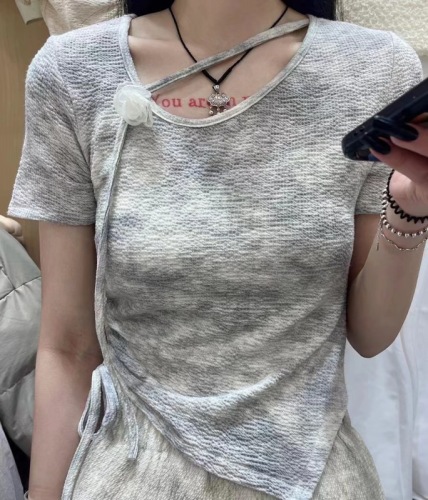 MISS KOREA夏新款2024不规则抽绳设计感小众修身显瘦短袖t恤小衫