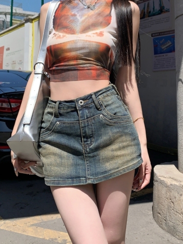 Actual shot #New high-waisted denim skirt for hot girls with design stitching A-line hip-covering trouser skirt