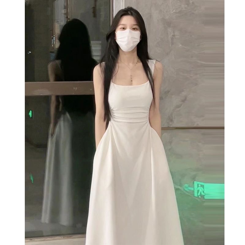 French gentle white suspender dress for women summer new style waist slimming high-end long skirt