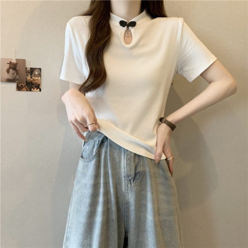 Real shot of right shoulder short-sleeved T-shirt for women in summer new style new Chinese style button-down top for small people with niche design