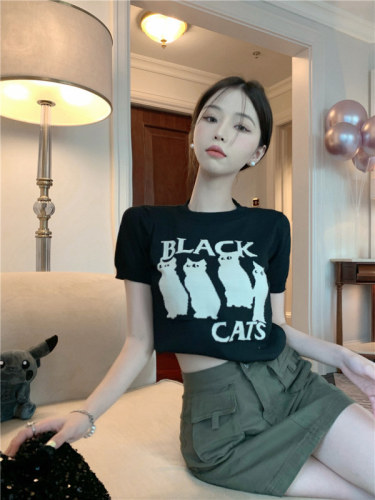 YUYEE_Black Cat~ 浅浅甜酷风猫咪针织短袖t恤女夏季宽松甜飒上衣