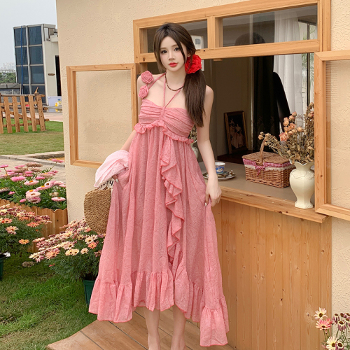 Actual shot ~ 2024 new summer style fat mm irregular holiday style design rose suspender skirt two-piece dress