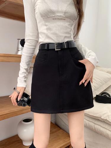 Actual shot of spring suit short skirt for women with high waist and slim hip skirt skirt for women with lining and belt