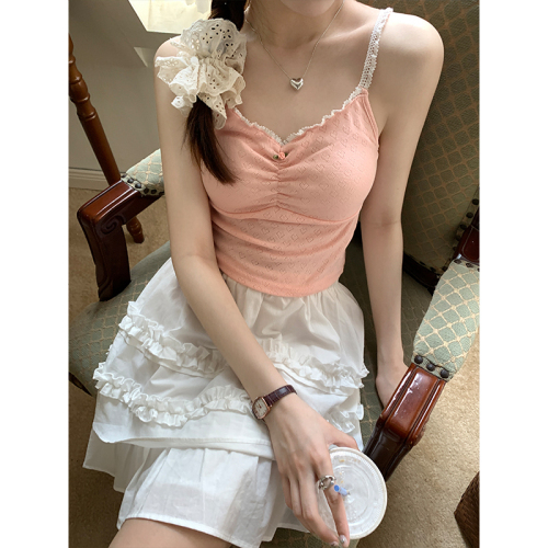 Real shot of new summer sweet girl pure lust style rose pleated short suspender with inner vest