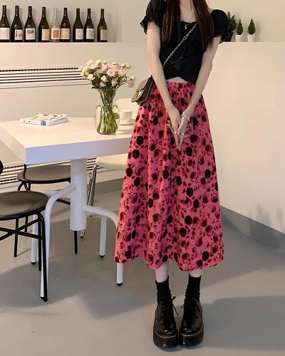 Real shot of design and temperament high-waisted long skirt for women that will turn heads for the most slimming rose floral A-line skirt