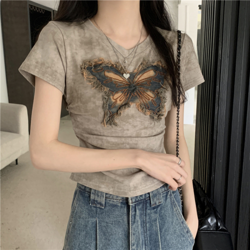 Real shot Summer new V-neck butterfly patch smudged pleated slimming short-sleeved T-shirt women's top