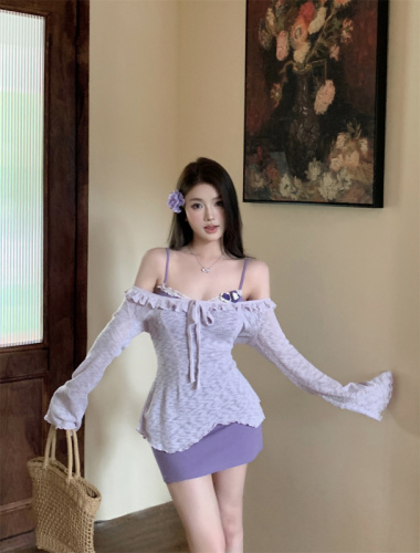 Real shot of sweet and spicy miu style suit skirt spring new purple sweet suspender dress women's hip skirt short skirt