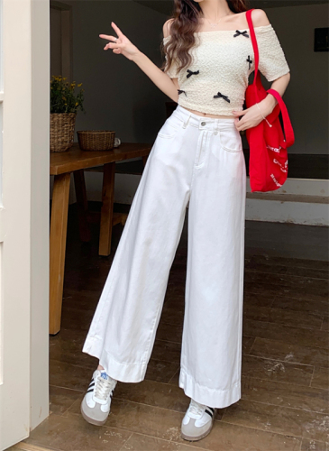 Actual shot ~ White straight wide leg jeans for women, high waisted, loose, slim and versatile nine-point pants
