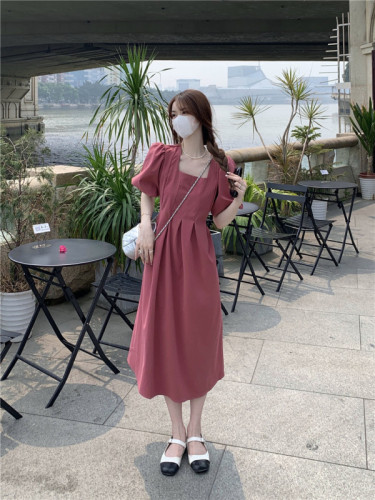 Actual shot~French square neck puff sleeve pleated high-end waist slimming dress