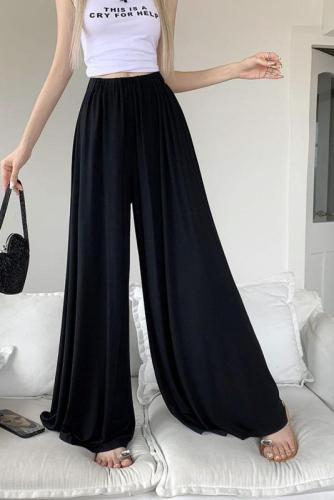 Real shot of thin knitted wide-leg pants for women, summer high-waisted, loose, slimming and drapey trousers