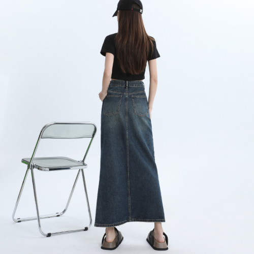 Internet celebrity long denim skirt for women spring and summer Korean style retro slit fashionable slit slim straight long skirt