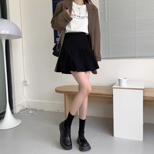 Actual shot of black pleated skirt for women, Korean style, college style, versatile, casual, high-waisted, slim A-line hip skirt