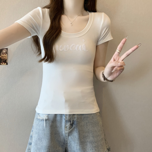 Real shot 40 count pure cotton 2024 summer embroidered sequin short-sleeved T-shirt women's round neck slim fit top