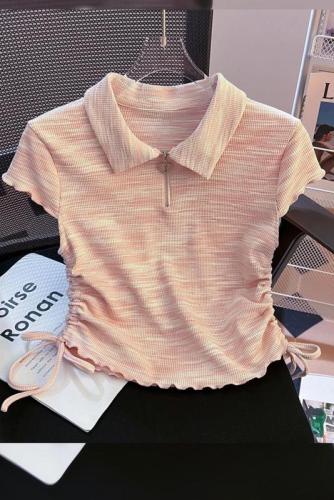 Actual shot of 2024 new summer style zipper polo collar design slim fit versatile short-sleeved T-shirt tops for women