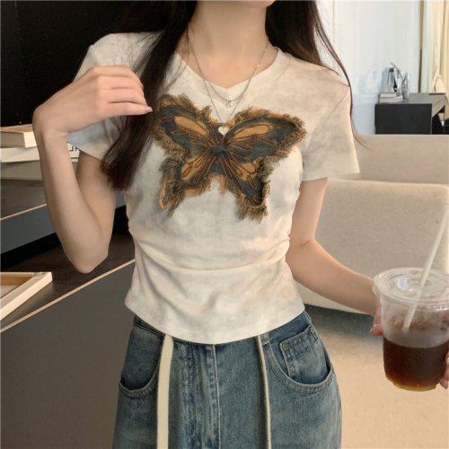 Real shot of new summer V-neck butterfly patch smudged pleated slim-fitting short-sleeved T-shirt top