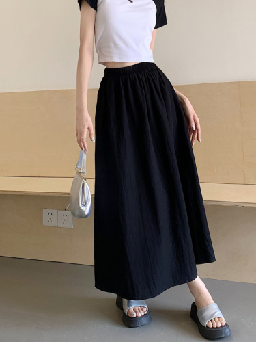 Actual shot of spring and summer thin material skirt for women casual elastic waist textured wrinkled skirt A-line mid-length skirt