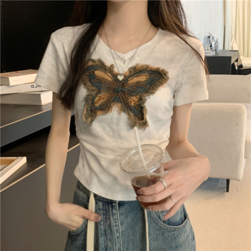 Real shot Summer new V-neck butterfly patch smudged pleated slimming short-sleeved T-shirt women's top