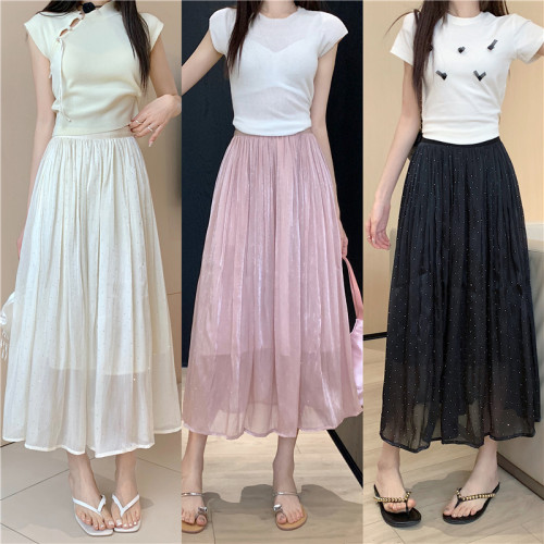 Actual shot of 2024 summer hot diamond streamer yarn skirt women's mid-length slimming large hem pleated A-line umbrella skirt