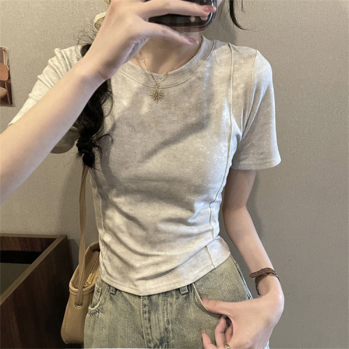 Real shot of gray short-sleeved T-shirt for women summer short slim-fitting top women's T-shirt