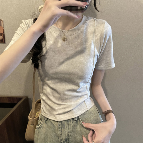 Real shot of simple style three-dimensional line short-sleeved top for women summer niche design casual round neck t-shirt