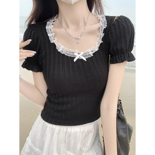 Real shot of pure lust style lace splicing square neck puff sleeve short-sleeved T-shirt women's design short spring top
