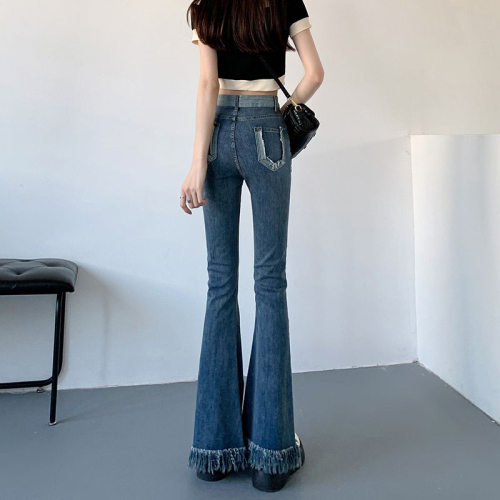 Micro-lagging jeans for women spring and summer 2024 new retro blue fur-edge horseshoe pants tight high-waisted fringed flared pants
