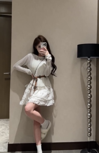 2024 Summer Niche Resort Style Hot Girl Sunscreen Hollow Sweater Sleeveless Vest Puffy Skirt Three-piece Set for Women