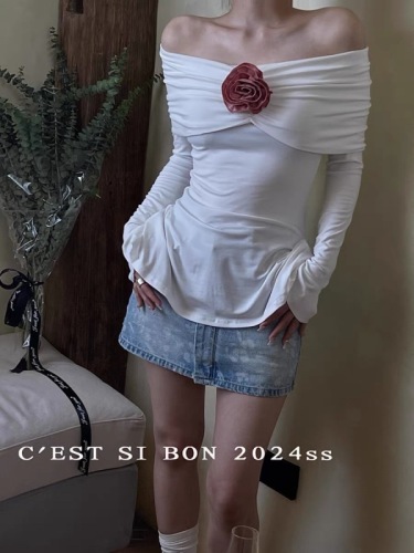 C ESTSIBON立体花朵气质甜辣风2024春季新款一字肩修身显瘦上衣女