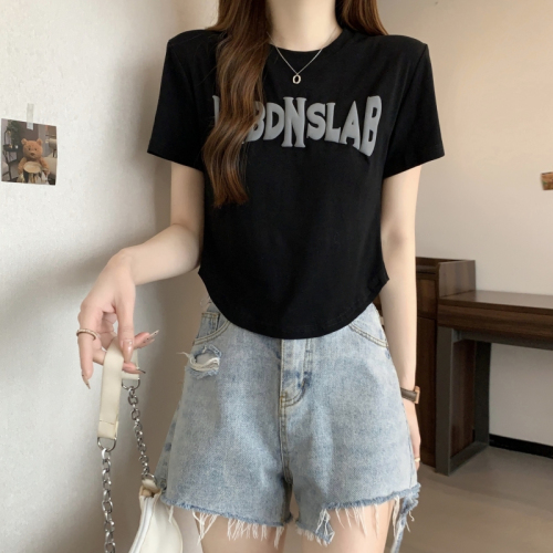 Real shot 40 count pure cotton 2024 summer foam printed short-sleeved T-shirt women Iins trendy short slim top