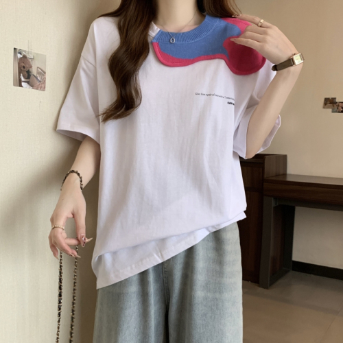 Actual shot of 21-count pure cotton high-density 2024 summer knitted splicing short-sleeved T-shirt women's printed loose top