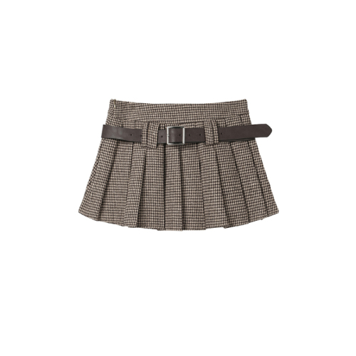 Actual shot of 2024 spring new style college style pleated skirt houndstooth skirt for women with belt