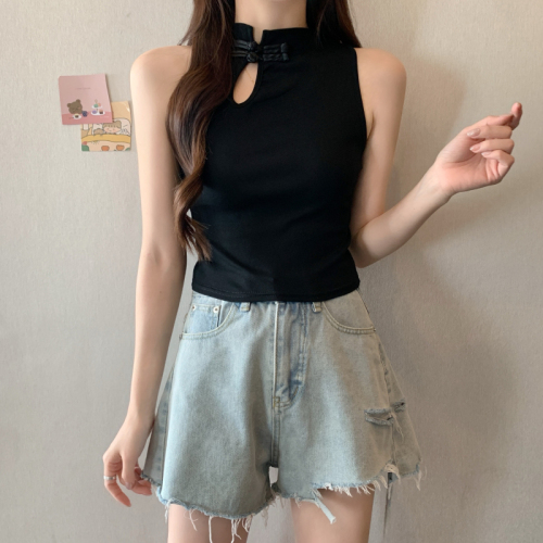 Real shot of large size summer new Chinese style Korean design vest slim round neck hot girl wearing suspender belt