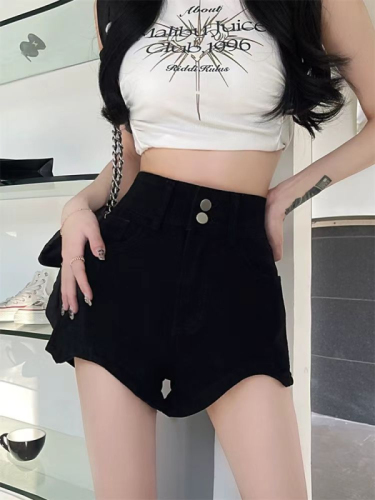 Hot girl showing long legs black denim shorts for women summer 2024 plus size fat mm high waist slimming casual hip-covering hot pants