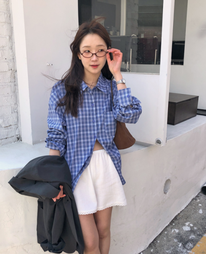纯棉 韩国chic春日单排扣蓝色格子衬衫女燕尾长袖衬衣