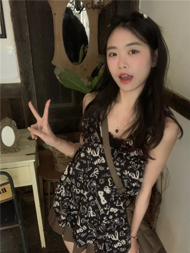 Actual shot~~Resort style summer casual simple sleeveless graffiti camisole top~