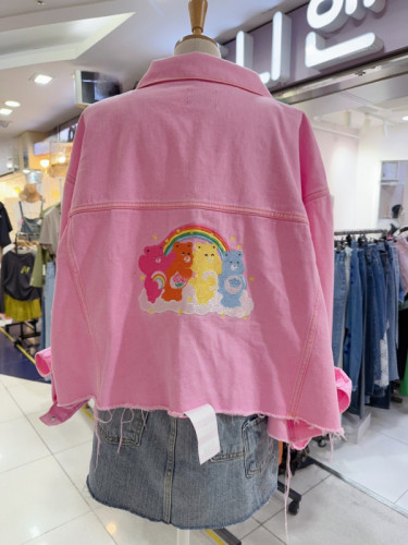 Embroidered bear pink denim jacket