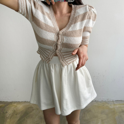 South Korea Dongdaemun 2024 Spring Puff Sleeve V-neck Wide Stripe Color Blocking Waist Short Sleeve Sweater