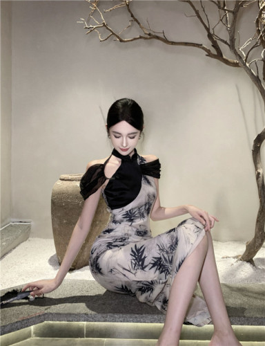 Real shot of retro Chinese style elegant bamboo print improved cheongsam dress mid-length