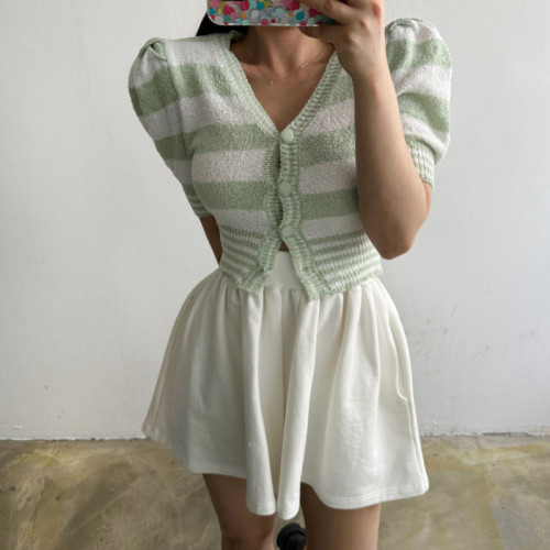 South Korea Dongdaemun 2024 Spring Puff Sleeve V-neck Wide Stripe Color Blocking Waist Short Sleeve Sweater