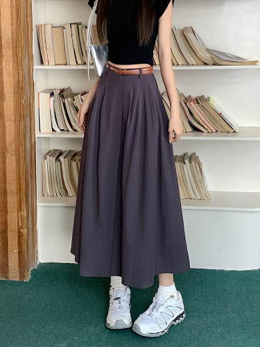 Actual shot of spring and summer new thin material skirt for women, high waist, solid color, versatile A-line mid-length skirt with belt