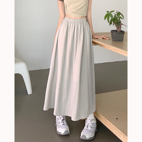 Actual shot of spring and summer thin material skirt for women casual elastic waist textured wrinkled skirt A-line mid-length skirt