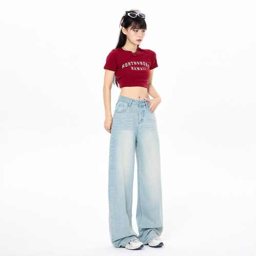 Actual shot of wide-leg jeans 2024 new early spring high-waisted straight-leg loose slimming pear-shaped body mopping pants