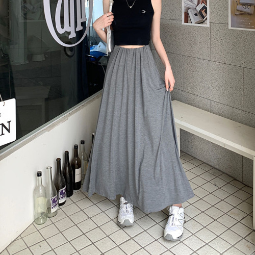 Actual shot of solid color thin material knitted skirt for women, high waist, slimming, loose and drapey, wide hem, A-line long skirt