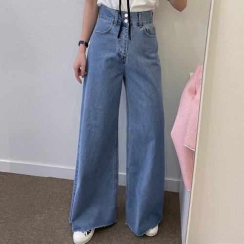 High-waisted slim casual two-button wide-leg raw edge jeans for women